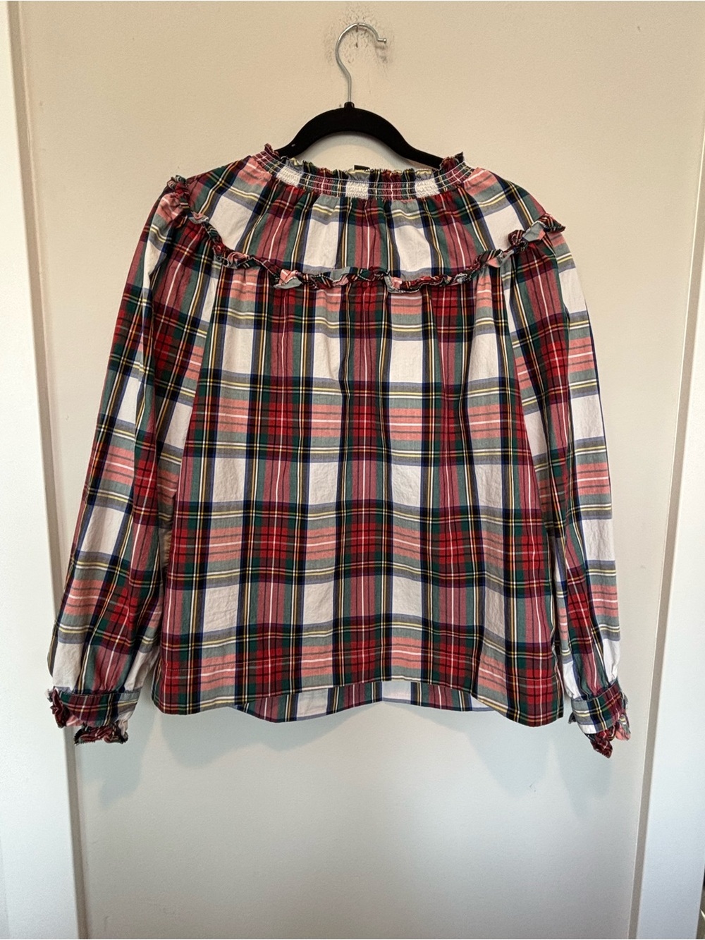 J. Crew Red Plaid Ruffle-Yoke Blouse